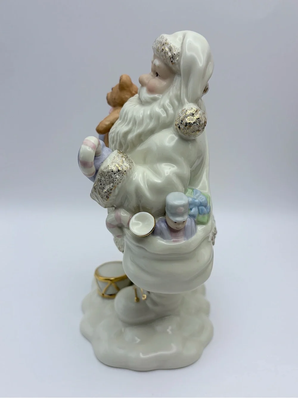 Lenox Santa Figurine, Violet/Gold Trim, Sack of Toys, Teddy Bear, Drum. So cute!